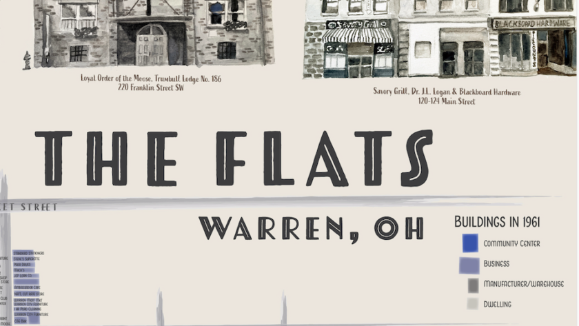 A portion of The Flats map showing buildings painted in watercolor that were demolished in urban renewal.